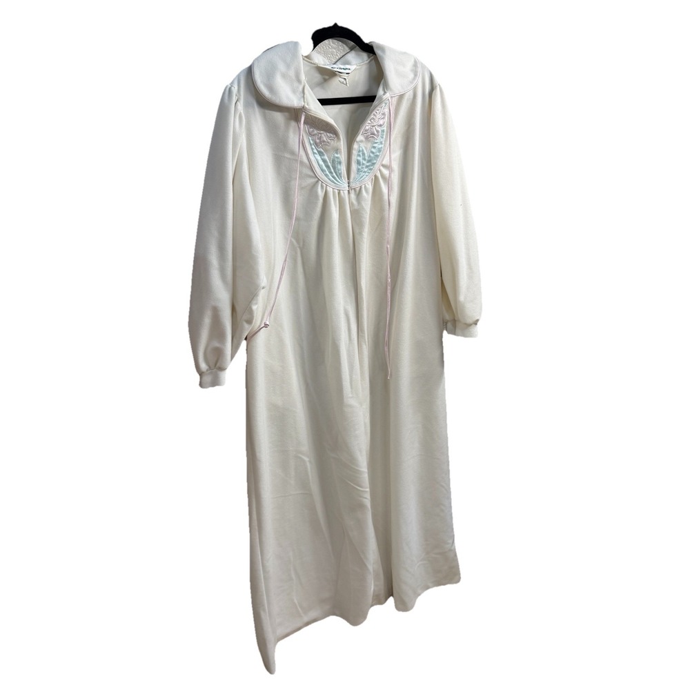 Vintage Sears Apostrophe Sz L Nightgown White Long Sleeve Front Zip Prairie Cozy